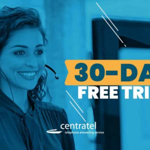 Poster with a smiling girl and 30-Day Free Trial at Centratel telephone answering service