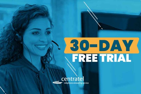 Poster with a smiling girl and 30-Day Free Trial at Centratel telephone answering service