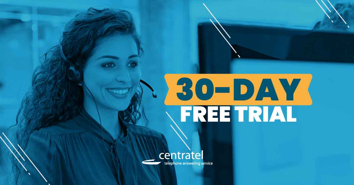 Poster with a smiling girl and 30-Day Free Trial at Centratel telephone answering service
