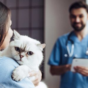 A woman holding her cat in a Centratel Telephone Answering Service's veterinary clinic client