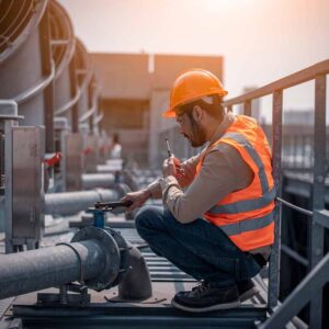 A HVAC technician working with peace of mind while Centratel takes care of his business's operations